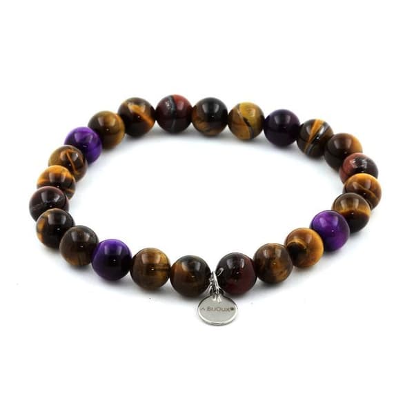 Armband i Naturliga Stenar - ABIJOUX - Tigeröga - Längd 19-20 cm - Brun, Röd, Lila
