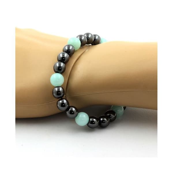 Armband med pärlor - ABIJOUX - Amazonit + Hematit - 8 mm - Grön och grå - Längd 19-20 cm
