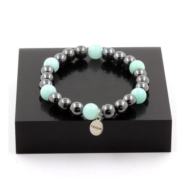 Armband med pärlor - ABIJOUX - Amazonit + Hematit - 8 mm - Grön och grå - Längd 19-20 cm