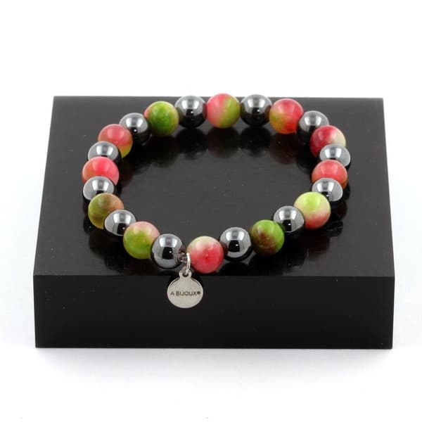 Armband i naturstenar - ABIJOUX - Vattenmelon turmalin - Hematit - Längd 19-20 cm