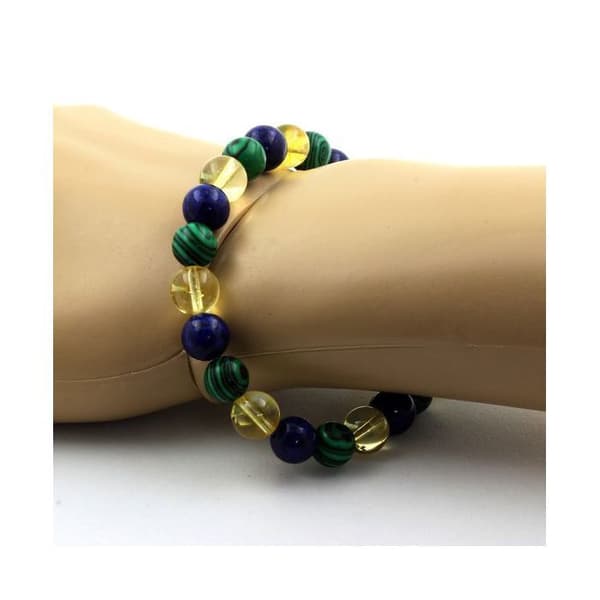 Stenar och mineraler. Citrin + Lapis Lazuli + Malakitpärlor Armband 8 mm. Tillverkad i Frankrike.