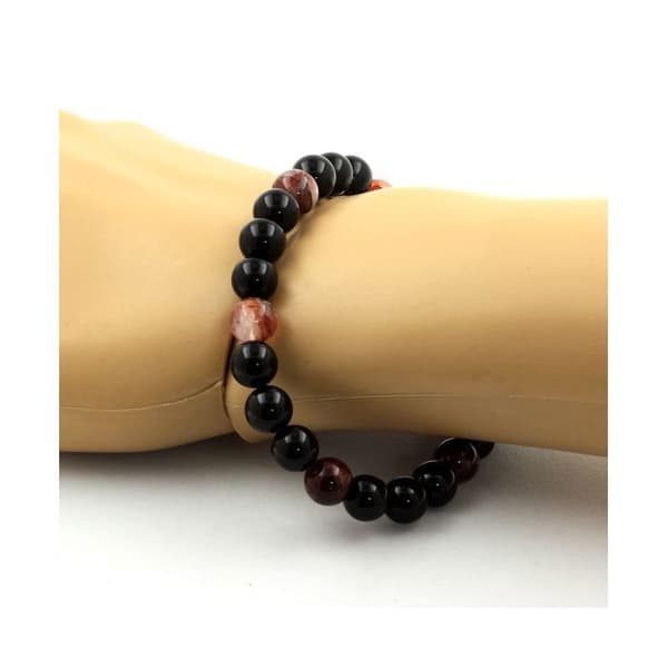Stenar och mineraler. Armband Beads Black Agate + Hematoid Quartz från Madagaskar 8 mm. Tillverkad i Frankrike.