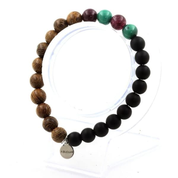 Armband - ABIJOUX - Malakit från Kongo - Granat - Svart onyx - Naturligt trä 8 mm