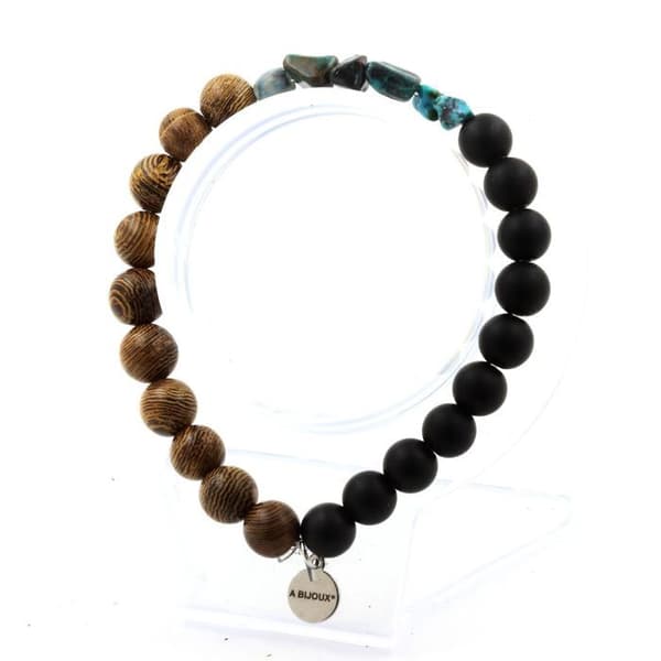 Stenar och mineraler. Chrysocolla armband från USA + Mattsvarta Onyxpärlor + 8 mm trä. Tillverkad i Frankrike.