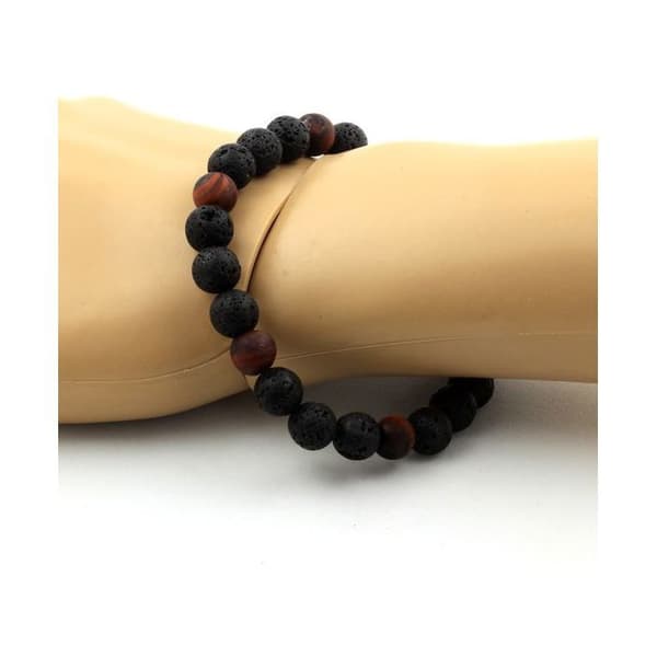Armband - ABIJOUX - Lava pärlor + Röd tigereye - 8 mm - Längd 19-20 cm - Unisex