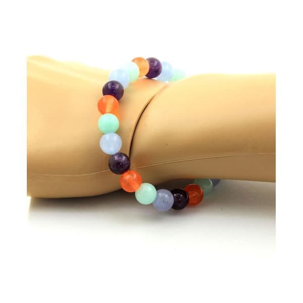 Stenar och mineraler. Akvamarin + Amazonit + Ametist + Chalcedony Beads Armband Tillverkat i Frankrike.