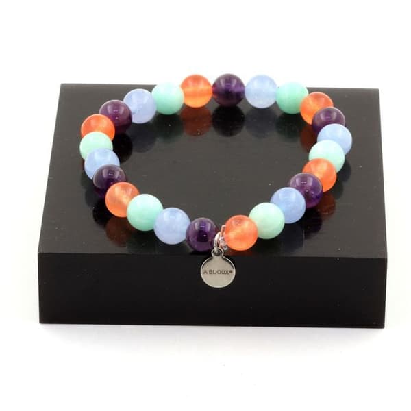 Stenar och mineraler. Akvamarin + Amazonit + Ametist + Chalcedony Beads Armband Tillverkat i Frankrike.