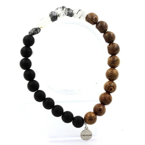 Armband - ABIJOUX - Kvarts med turmalininklüssioner - Onyxpärlor - Tillverkad i Frankrike - 19-20 cm