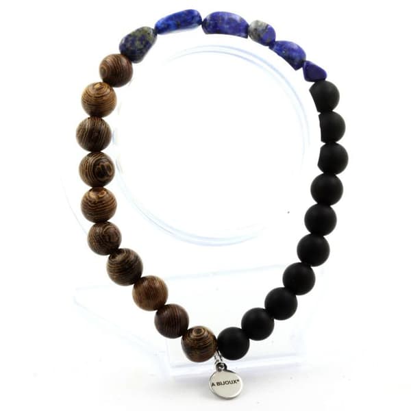 Armband - ABIJOUX - Lapis Lazuli från Pakistan - Matt svart onyx - Trä - 8 mm - 19-20 cm