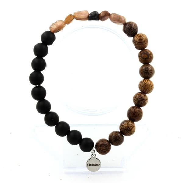 Armband - ABIJOUX - Andalousit USA - Svart matt Onyxpärlor - Trä - 19-20 cm