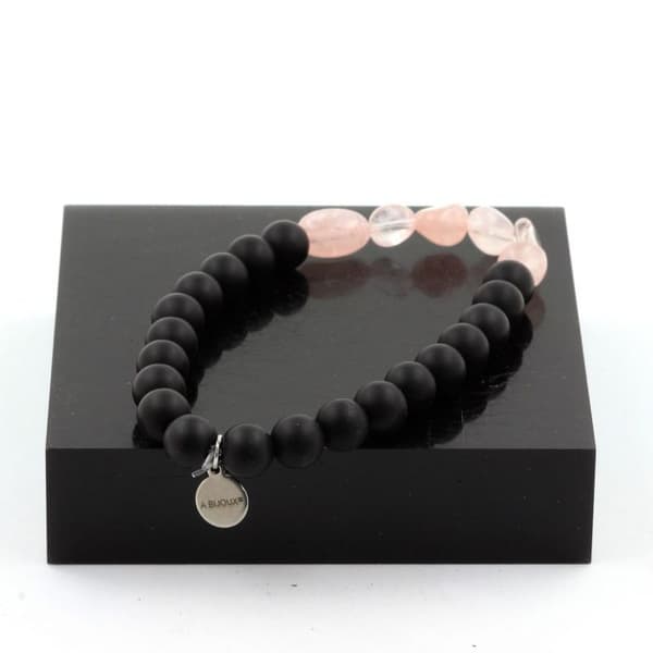 Armband i naturstenar - ABIJOUX - Rosenkvarts från Brasilien - Matt svarts onyx - Längd 19-20 cm