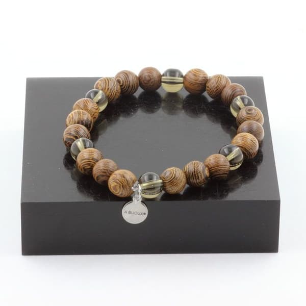 Armband - Ett Bijoux - Rökig kvarts + Trä - 8 mm - Längd 19-20 cm - Tillverkad i Frankrike