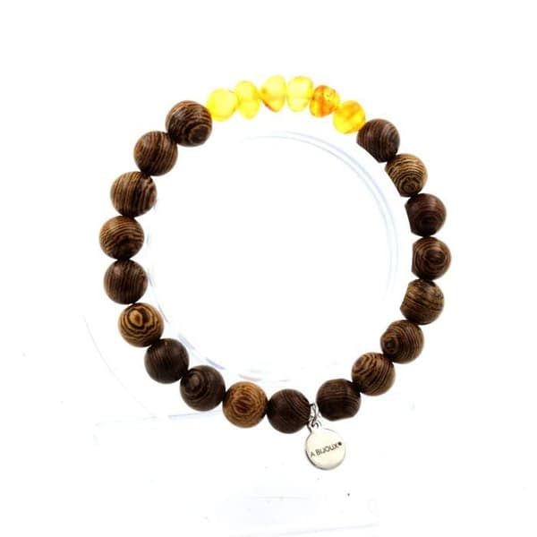 Armband - ABIJOUX - Äkta bärnsten - 8 mm träpärlor - Längd 19-20 cm - Unisex
