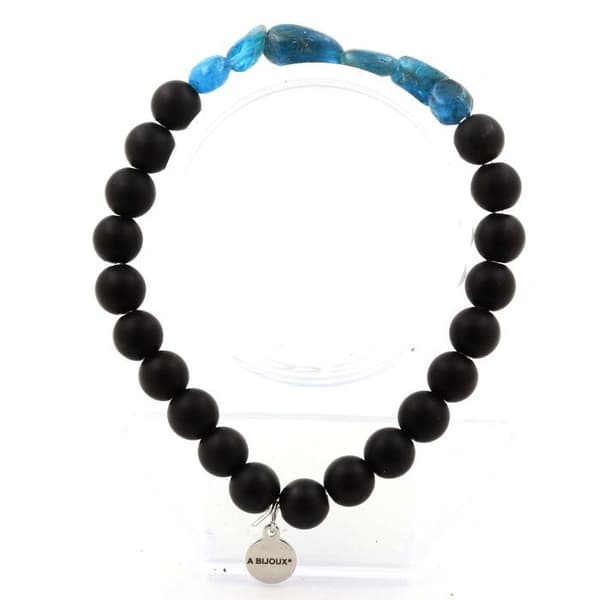 Armband - ABIJOUX - Blå apatite från Brasilien - Mattsvart onyx - Längd 19-20 cm - 8 mm