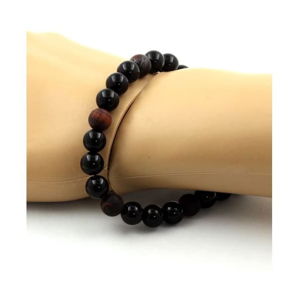 Naturstensarmband - ABIJOUX - Black Agate + Matte Red Tiger's Eye Beads - Längd 19-20 cm