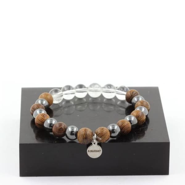 Armband - A Bijoux - Kvarts + Hematit + Trä - 8 mm - Längd 19-20 cm - Unisex