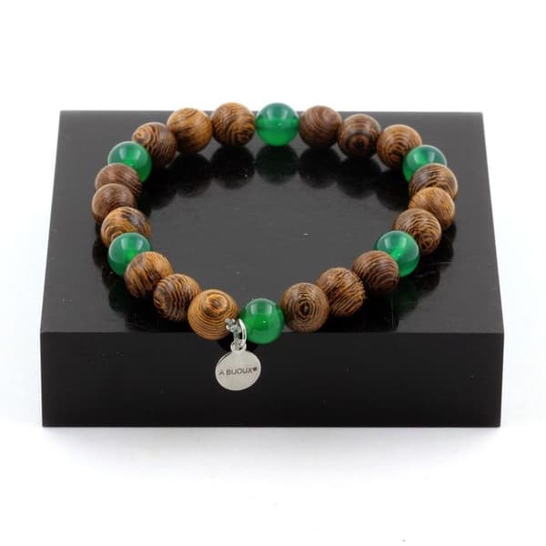 Stenar och mineraler. Grön Agat Beads Armband + 8 mm trä. Tillverkad i Frankrike.
