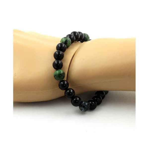 Armband - Ett Bijoux - Svart agat + Epidot - 8 mm - Längd 19-20 cm - Tillverkad i Frankrike