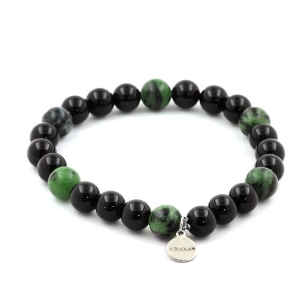 Armband - Ett Bijoux - Svart agat + Epidot - 8 mm - Längd 19-20 cm - Tillverkad i Frankrike