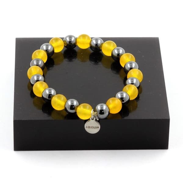 Stenar och mineraler. Hematit Beads Armband + Yellow Agate 8 mm. Tillverkad i Frankrike.