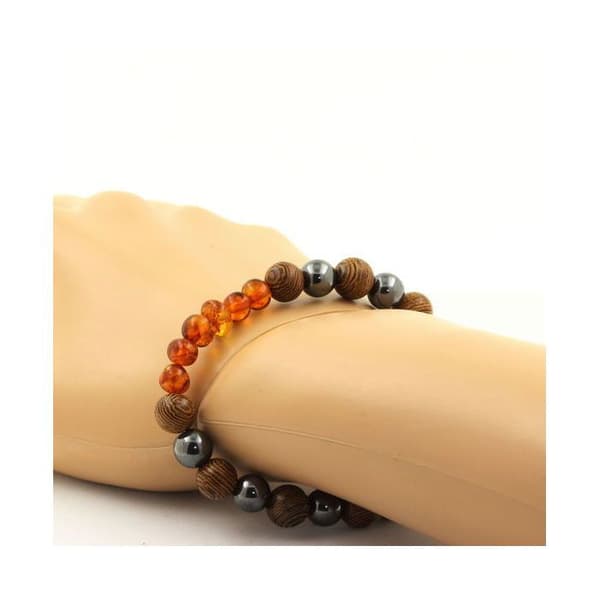Stenar och mineraler. Äkta Östersjön bärnstensfärgat armband + hematit + trä 8 Tillverkad i Frankrike.