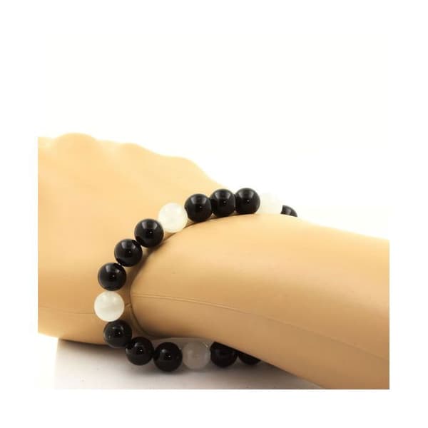 Armband - ABIJOUX - Selenit från Marocko + Svart agat - 8 mm - Längd 19-20 cm - Mixad