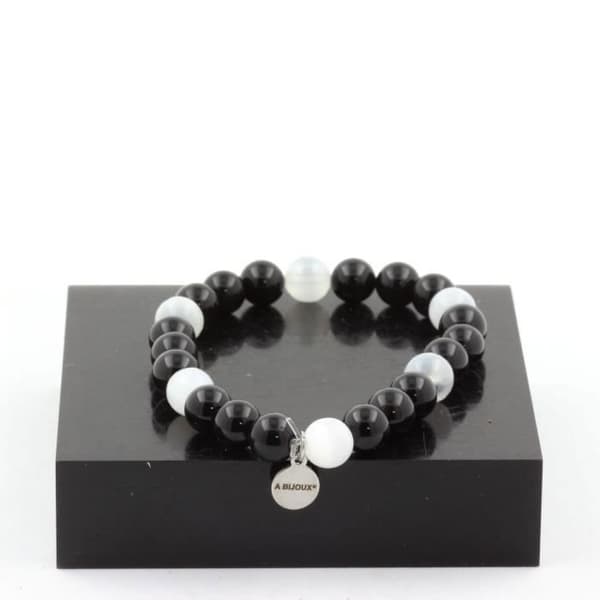 Armband - ABIJOUX - Selenit från Marocko + Svart agat - 8 mm - Längd 19-20 cm - Mixad
