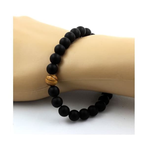 Armband - ABIJOUX - Matt svart onyx + Landskapsjaspis - 8 mm - Längd 19-20 cm - Mixad