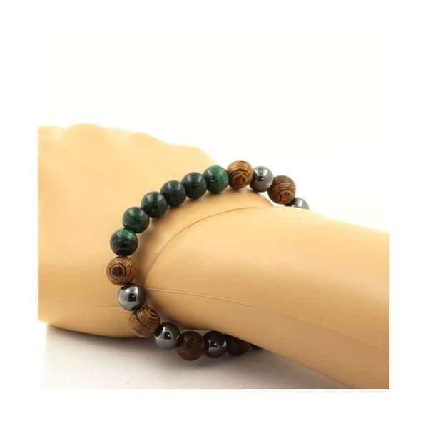Stenar och mineraler. Kongo Malakitarmband + Hematitpärlor + 8 mm trä. Tillverkad i Frankrike.