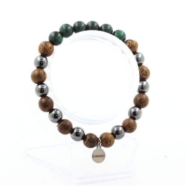 Stenar och mineraler. Kongo Malakitarmband + Hematitpärlor + 8 mm trä. Tillverkad i Frankrike.