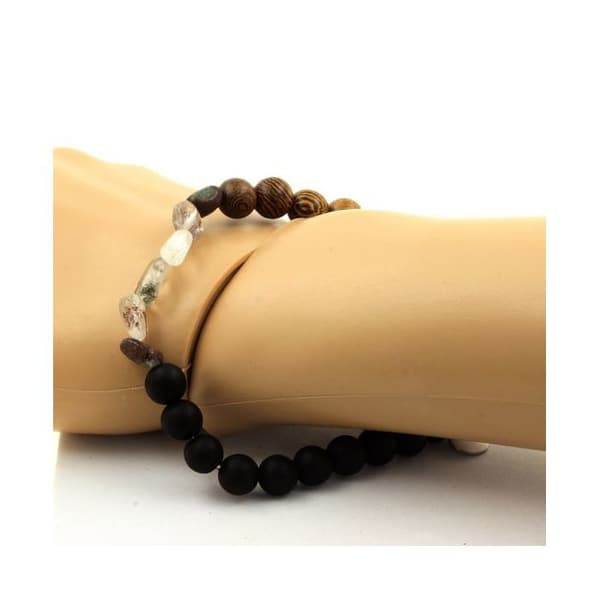 Armband - ABIJOUX - Grön spökkvarts - Matt svarts onyx - Trä - 19-20 cm