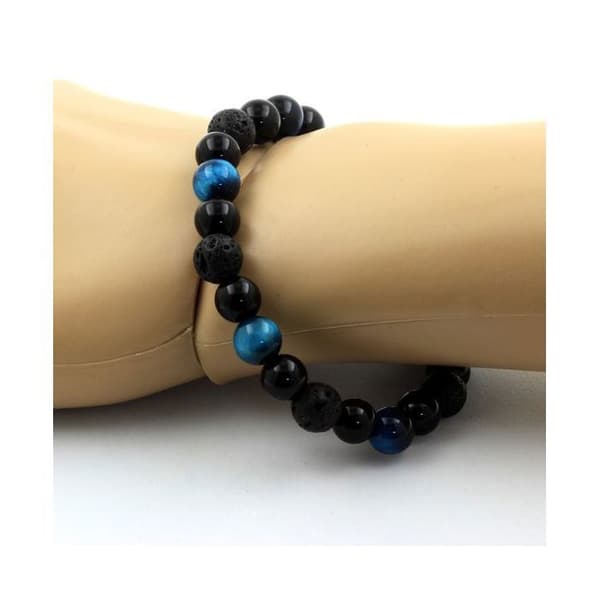 Stenar och mineraler. Ljusblå Tiger Eye Beads Armband + Lava + Black Agate 8 mm. Tillverkad i Frankrike.