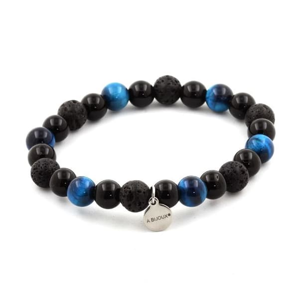 Stenar och mineraler. Ljusblå Tiger Eye Beads Armband + Lava + Black Agate 8 mm. Tillverkad i Frankrike.