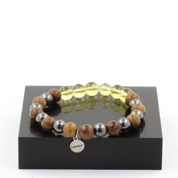 Armband - ABIJOUX - Citrin + Hematit + Trä - 8 mm - längd 19-20 cm - Tillverkad i Frankrike