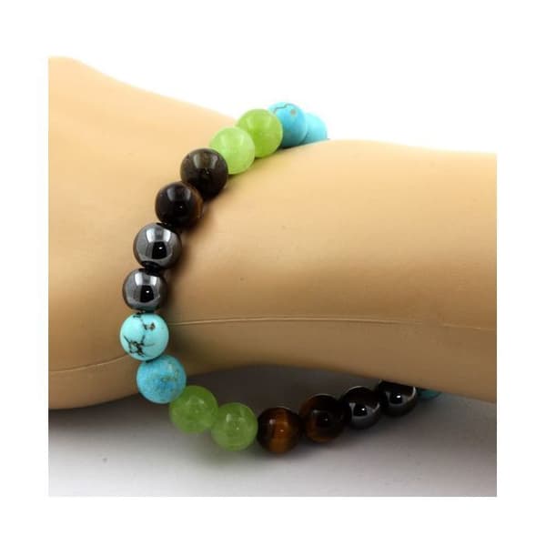 Stenar och mineraler. Peridot + Tigeröga + Turkos + Hematit Beads Armband 8 mm. Tillverkad i Frankrike.