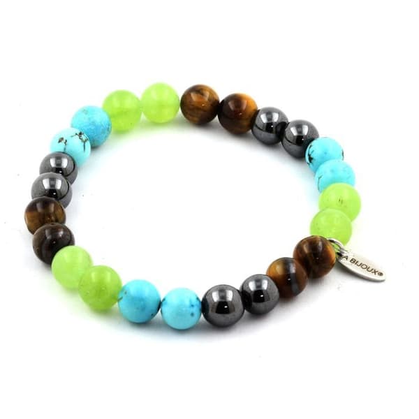 Stenar och mineraler. Peridot + Tigeröga + Turkos + Hematit Beads Armband 8 mm. Tillverkad i Frankrike.