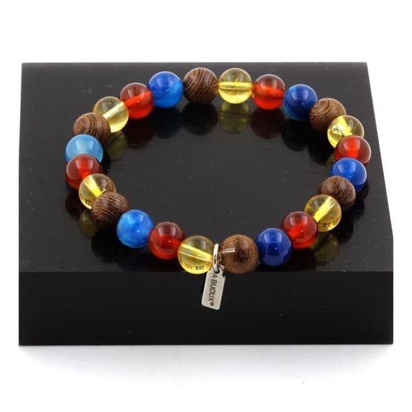 Stenar och mineraler. Citrinpärlorarmband + blå bandagat + röd agat + trä 8 Tillverkad i Frankrike.