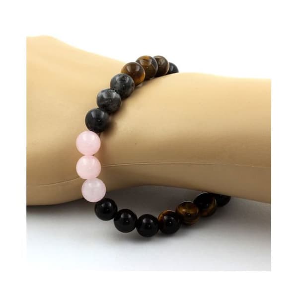 Stenar och mineraler. Armband Beads Rose Quartz + Labradorite + Black Obsidian + Eye Made in France.