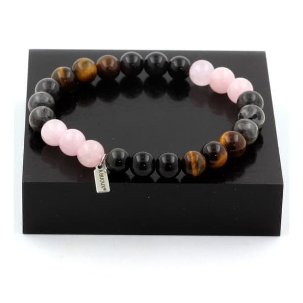 Stenar och mineraler. Armband Beads Rose Quartz + Labradorite + Black Obsidian + Eye Made in France.