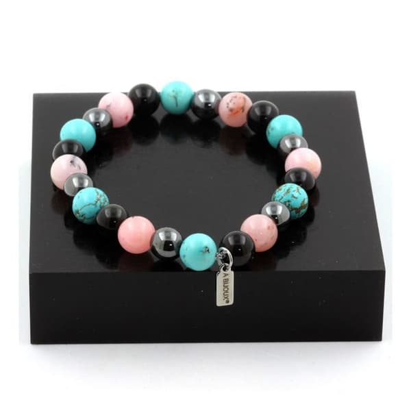 Armband i naturliga stenar - ABIJOUX - Svart obsidian - Hematit - Rosa opal - 8 mm