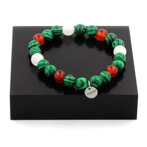 Armband - ABIJOUX - Malakit + Röd agat + Månsten - 8 mm - Längd 19-20 cm - Tillverkad i Frankrike