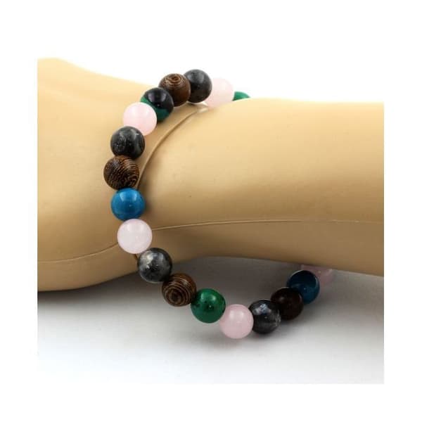 Stenar och mineraler. Armband Beads Rose Quartz + Labradorite + Chrysocolla + trä 8 mm. Tillverkad i Frankrike.