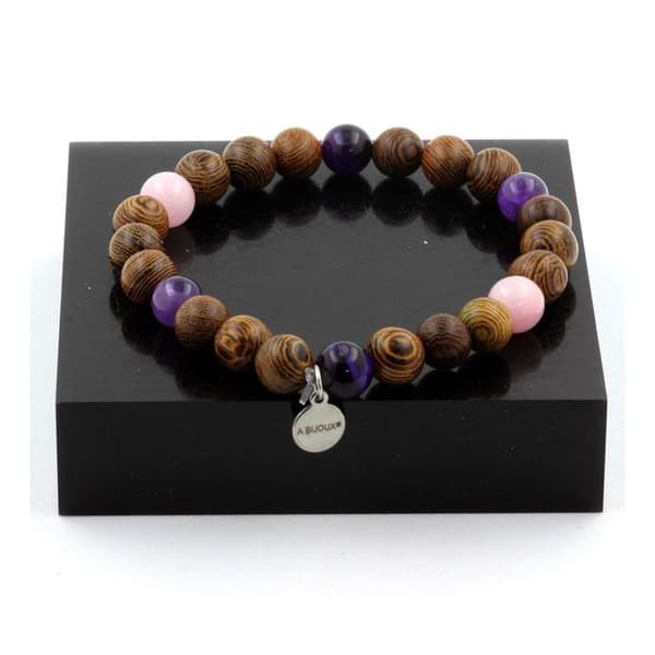 Stenar och mineraler. Rosa Opal Beads Armband + Lila Tiger Eye + Ametist + trä 8 Tillverkad i Frankrike.