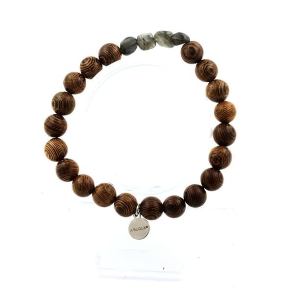 Stenar och mineraler. Finskt labradoritarmband + 8 mm träpärlor. Tillverkad i Frankrike.