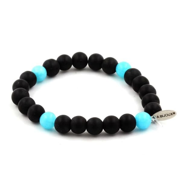 Stenar och mineraler. Mattsvart Onyx + Aquamarine Beads Armband 8 mm. Tillverkad i Frankrike.