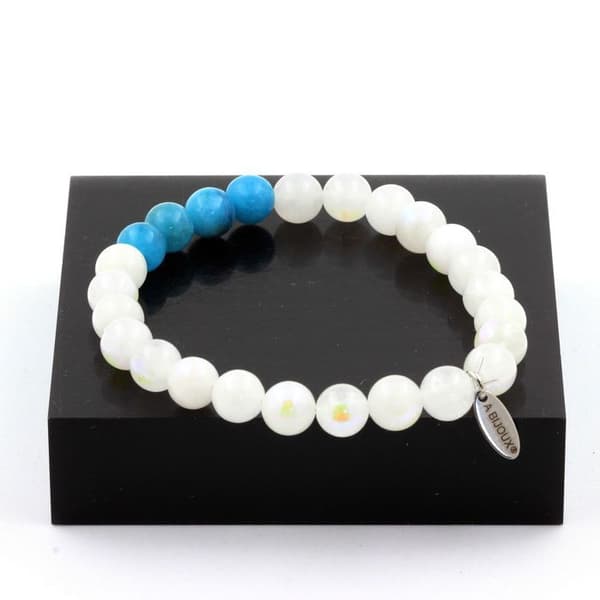 Stenar och mineraler. Moonstone + Apatit Beaded Armband 8 mm. Tillverkad i Frankrike.