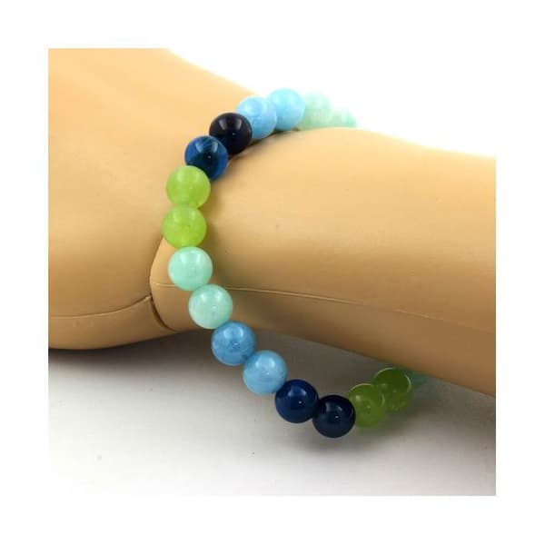 Stenar och mineraler. Armband Peridot Beads + Angelite + Blue Chalcedony + Ribboned Agate Made in France.