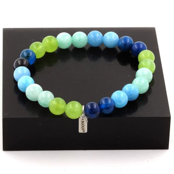 Stenar och mineraler. Armband Peridot Beads + Angelite + Blue Chalcedony + Ribboned Agate Made in France.