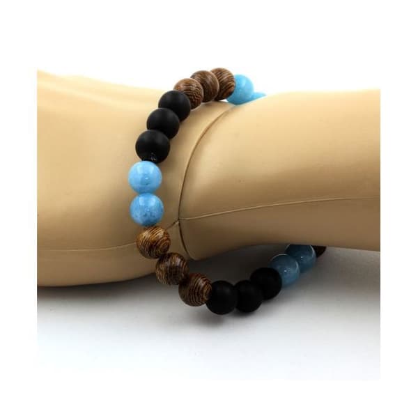 Armband - ABIJOUX - Blå kalcedon och svart onyx - 8 mm pärlor - Tillverkad i Frankrike - Både för män och kvinnor