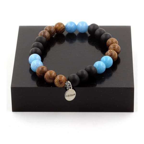 Armband - ABIJOUX - Blå kalcedon och svart onyx - 8 mm pärlor - Tillverkad i Frankrike - Både för män och kvinnor